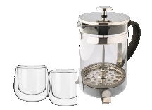 SET CAFETERA DE EMBOLO PLATEADA CHICA CON DOS VASOS TERMICOS