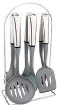 SET DE 6 UTENSILIOS DE NYLON COLOR GRIS C/MANGO DE AC. INOX Y BASE COLGANTE