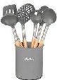 SET DE 6 UTENSILIOS DE NYLON GRIS BLANCO C/MANGO MADERA